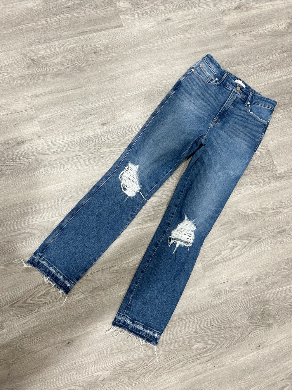 Good American Medium Blue Distressed Straight Leg Jeans